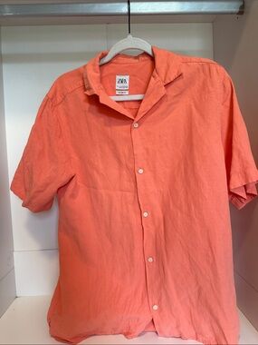 Zara Coral Short-Sleeve Button-Down Shirt
